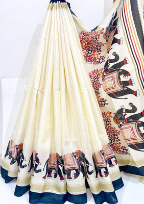 Kjs Printed Kalamkari Cotton Blend Saree(Multicolor)