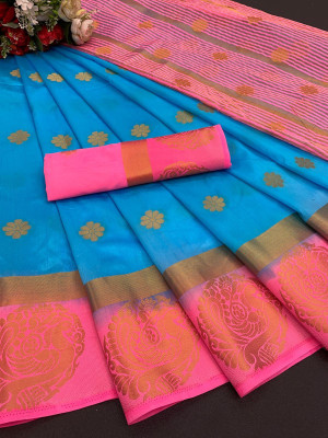 Adiyogi Enterprise Woven Kanjivaram Silk Blend Saree(Light Blue)