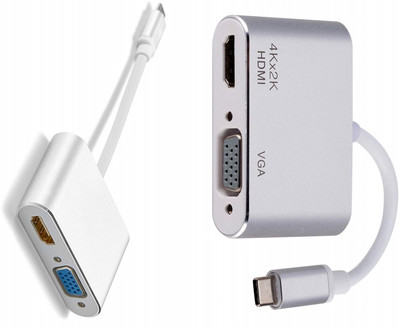 TERABYTE  TV-out Cable USB 3.1 Type C to 4K HDMI+VGA Adapter,2in1 Male to Female Sync-Display Converter(Silver, For Laptop)