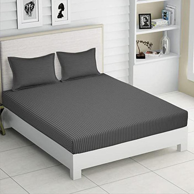 HELGA 210 TC Satin Double Striped Flat Bedsheet(Pack of 1, Gray)