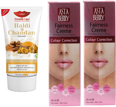 DOUBLE LIPS FACE CARE SOAP FREE HALDI & CHANDAN FACE WASH 100 ML WITH ASTABERRY FAIRNESS CREAM 50 GRM PACK OF 2(3 Items in the set)