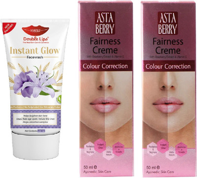 DOUBLE LIPS FACE CARE SOAP FREE INSTANT GLOW FACE WASH 100 ML WITH FAIRNESS CREAM 50 GRM PACK OF 2(3 Items in the set)