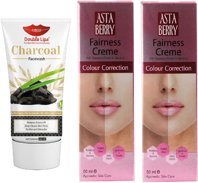 DOUBLE LIPS FACE CARE SOAP FREE ACTIVATED CHARCOAL FACE WASH 100 ML WITH ASTABERRY FAIRNESS CREAM 50 GRM PACK OF 2(3 Items in the set)