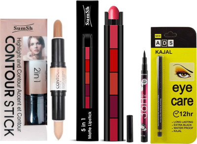 SumSh Highlighter and Contour Stick Concealer, 5 in 1 Lipstick 7.5gm, Eye Care Kajal, Eyeliner 36h(4 Items in the set)