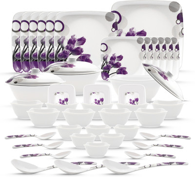 WCSE Pack of 46 Melamin present City gold Purple poppy printed premium quality square shape Dinner Set(Purple)