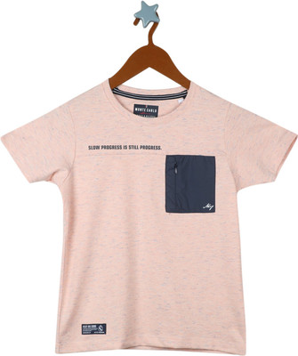MONTE CARLO Boys Typography Cotton Blend Regular T Shirt(Pink, Pack of 1)