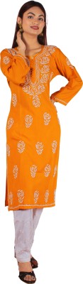 Select Chikankari Women Embroidered Straight Kurta(Orange)