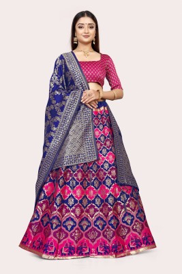 DISHWA FASHION Embroidered Semi Stitched Lehenga Choli(Pink, Dark Blue)