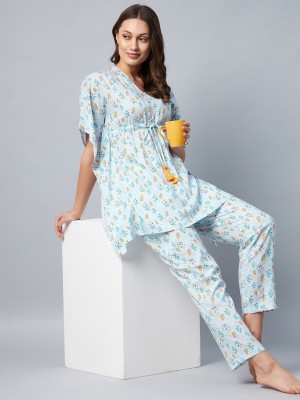 STYLESTONE Women Printed Light Blue Top & Pyjama Set