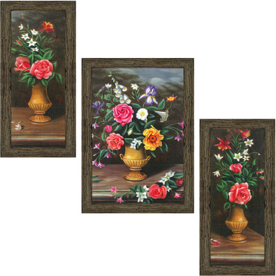 Indianara Set of 3 Flowers in Vases Art Framed Art Painting (0323EBY) without glass Digital Reprint 13 inch x 10.2 inch Painting(With Frame, Pack of 3)