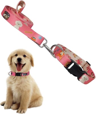 Jainsons Pet Products 20MM Printed Design Adjustable Collar and Leash Set for Dogs (Pink, Pack of 1) Dog & Cat Collar & Leash(Medium, Pink)
