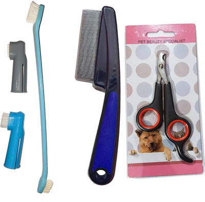 Rvpaws Combo of Dog Flea Comb , Dog Scissor and Dog Thoothbrush grooming kit for Dogs Pet Spa Kit