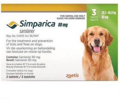 Zoetis Simparica Chewable flea tick tablets for dogs, 3 tabs, 80mg (20-40kgs) Pet Health Supplements(3 Pieces)