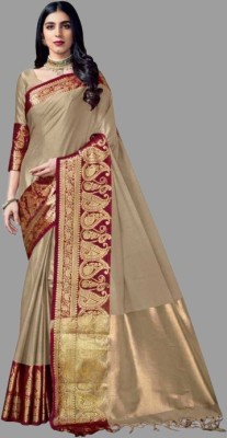 THESIYA FAB Woven Kanjivaram Jacquard, Cotton Linen Saree(Maroon, Cream)