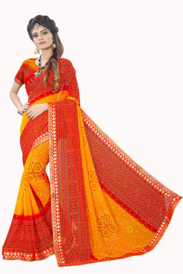 Kanooda Prints Printed Bandhani Georgette Saree(Gold)