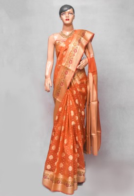 Baba silk creation Self Design Banarasi Cotton Silk Saree(Orange)