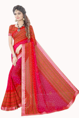 Kanooda Prints Printed Bandhani Georgette Saree(Multicolor)