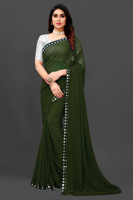 Laddu creation Embellished Bollywood Georgette, Silk Blend Saree(Dark Green)