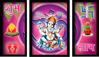 komstec 45.72 cm Pack of 3 Set Lord Ganesh Ji Shubh and Labh Frame Wall Poster Self Adhesive Sticker(Pack of 3)