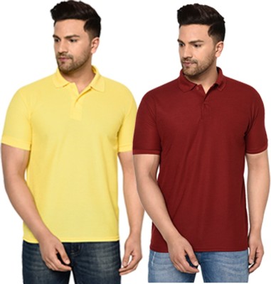 Galatea Solid Men Polo Neck Maroon, Yellow T-Shirt