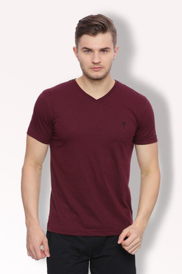 VAN HEUSEN Solid Men V Neck Maroon T-Shirt