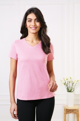 VAN HEUSEN Solid Women V Neck Pink T-Shirt