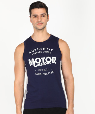 RUF AND TUF Printed Men Round Neck Navy Blue T-Shirt