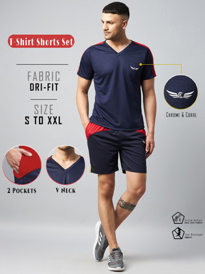 Crease & Clips Men Colorblock Blue, Red Night Suit Set