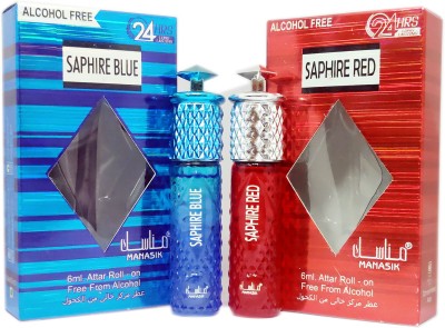 Manasik SAPHIRE BLUE &SAPHIRE RED Alcohol -Free Concentrated Attar Roll On 6ml.COMBO SET Floral Attar(Natural)