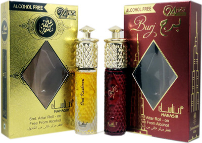 Manasik OUD KASHMERI & BURJ Alcohol -Free Concentrated Attar Roll On 6ml .COMBO SET Floral Attar(Natural)