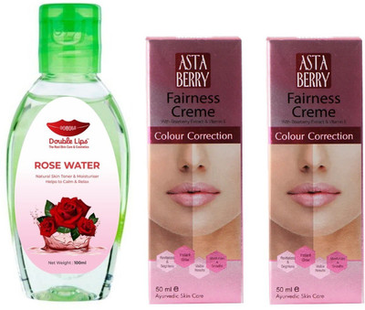 DOUBLE LIPS FACE & EYE CARE ROSE WATER 100 ML WITH ASTABERRY FAIRNESS CREAM 50 GRM PACK OF 2(3 Items in the set)