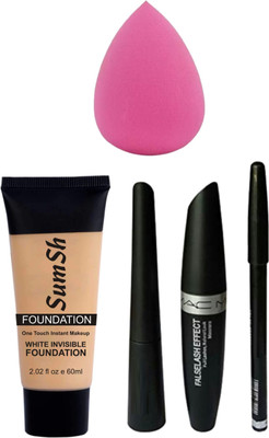 SumSh 3 in 1 Combo of Waterproof Eyeliner, Mascara With Eyebrow Pencil, Foundation, Blander Spounge(5 Items in the set)