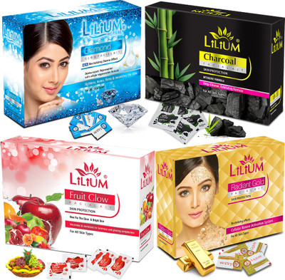 LILIUM Charcoal Diamond Gold and Fruit Facial Kit for Glowing Complection Pack of 4(4 x 60 g)