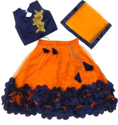 NAJARA FASHION Indi Girls Lehenga Choli Ethnic Wear Embroidered Lehenga, Choli and Dupatta Set(Orange, Pack of 1)