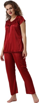 Cotovia Women Embroidered Maroon Top & Pyjama Set