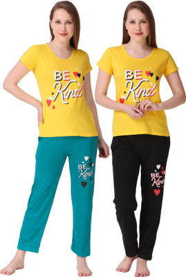 KLAXXY Women Printed, Self Design Multicolor Top & Pyjama Set