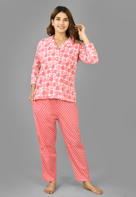 Vrnda Women Printed Pink, White Night Suit Set