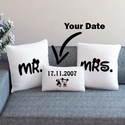 Anil Enterprises Personalized Mr and Mrs Date Cushion Pillow for All Occasions and Gifting Microfibre Solid Cushion Pack of 3(White)
