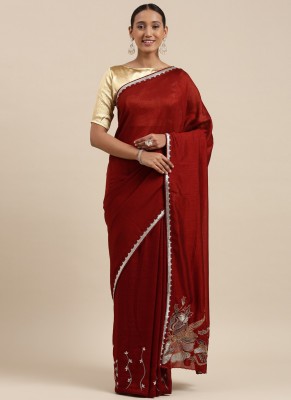 Shaily Embroidered, Solid/Plain Bollywood Silk Blend Saree(Maroon)