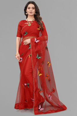 meaven tex Self Design Bollywood Net Saree(Red)