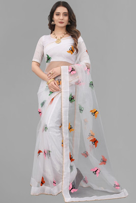 Heyinz Clothing Embroidered Bollywood Net Saree(White)