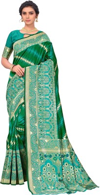 Sariya Woven Banarasi Silk Blend, Jacquard Saree(Green)