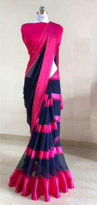 Fancy Fab Self Design Daily Wear Georgette, Satin Saree(Dark Blue, Pink)
