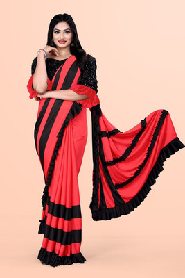PANETAR Solid/Plain Bollywood Lycra Blend Saree(Orange)