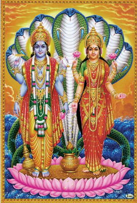 Wall gallery 45.72 cm Vishnu and Lakshmi Standing on a Lotus Protected by Sheshanaga 18 x 12 Inc Self Adhesive Sticker(Pack of 1)