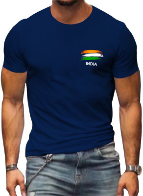 Fashion And Youth Printed Men Round Neck Navy Blue T-Shirt