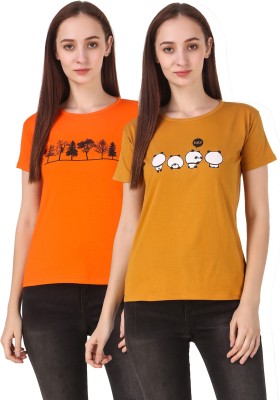 NIVIK Printed Women Round Neck Orange, Yellow T-Shirt