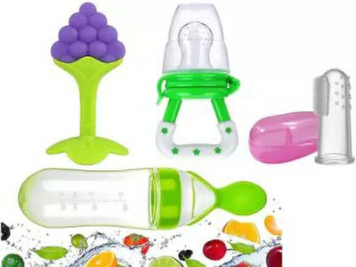 smilykid Baby Fruit nibbler with rattle and Feeding bottle with spoon for kids Teether and Feeder(Green)