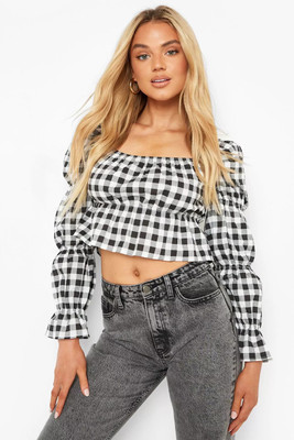 QUINTESSENTIALS Casual Checkered Women Black Top