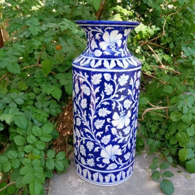 Heritage India Heritage India Blue Pottery Bottle Neck Cylinder Stoneware Vase(5 inch, Blue)